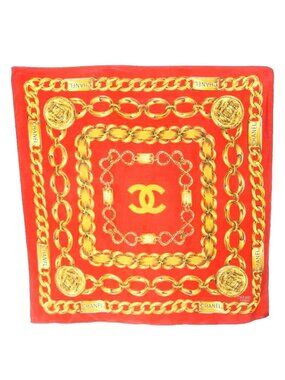Chanel Scarf Chain Motif CC Logo Silk Red